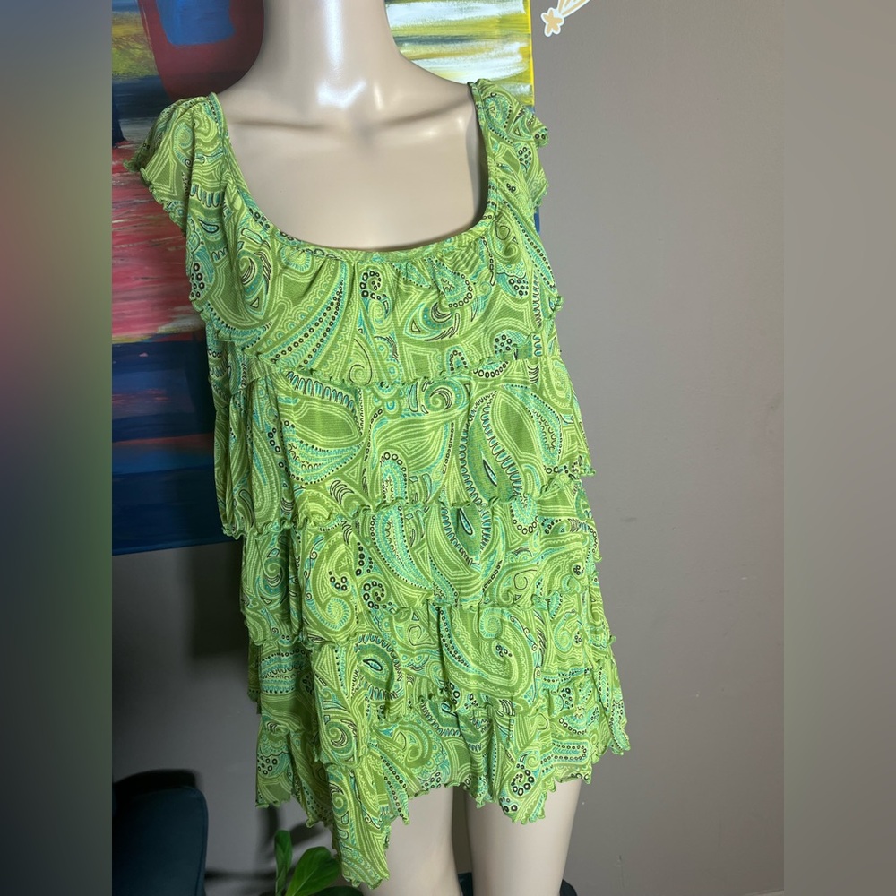 Apt. 9 Green Paisley Ruffle Tiered Babydoll Blouse Top Size Large - Picture 4 of 14